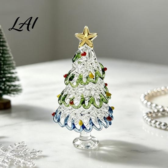 Miniature Christmas Tree Ornaments Glazed Figurine Glass Pulled Wire Desk Decor Elegant Desktop Decorations for Winter Mini Holiday Tabletop