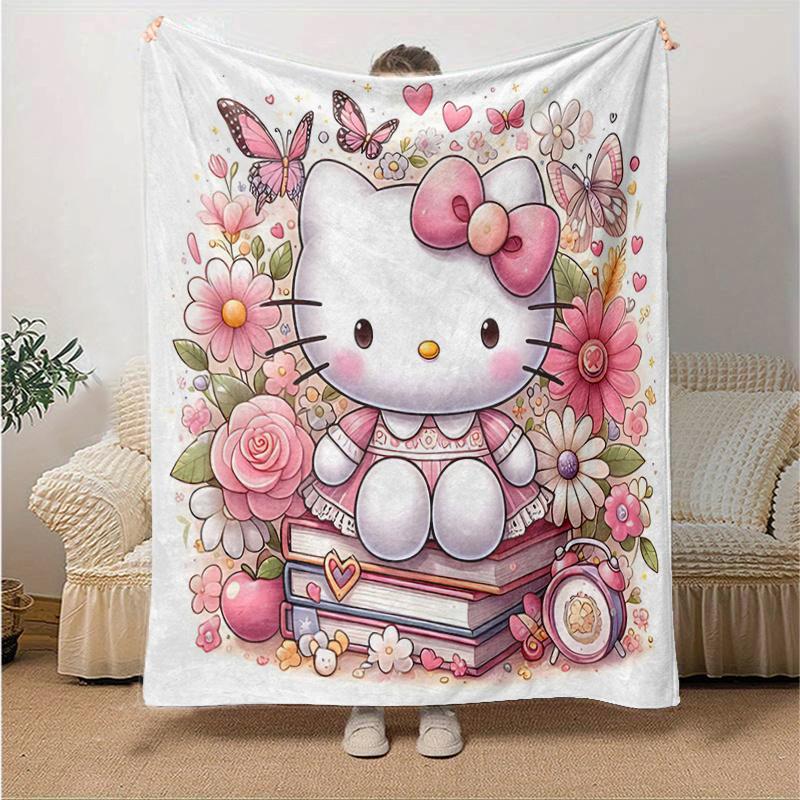 1pc Flowers Butterflies Hello Kitty Theme Blanket, Soft Throw for Home Decor, Perfect Gift for Family and Friend, Suitable for All Seasons, Ideal for