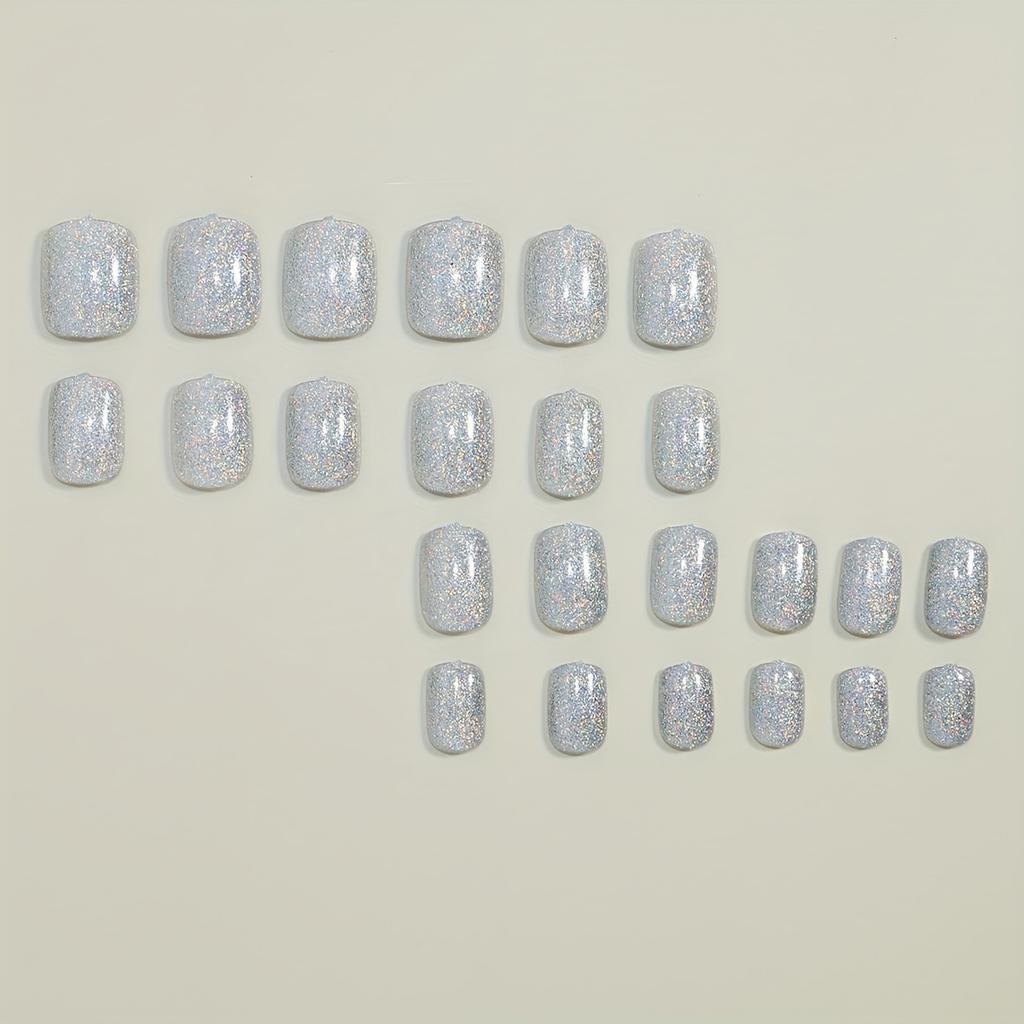 24pcs Short Square Fake Nails Cute & Simple Solid Color With Glitter Detail Nail Wraps For Daily Wear, Jelly Glue And Nail File Included