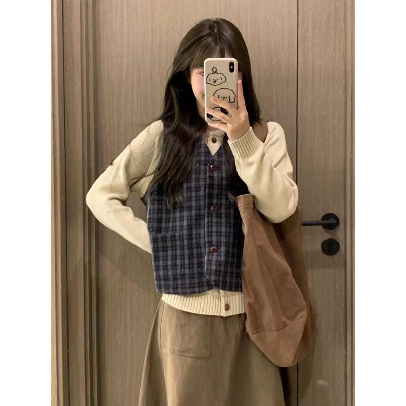 Японский ретро-клетчатый жилет в стиле мори-гёрл, абрикосовый кардиган и миди-юбка в комплекте для студенток