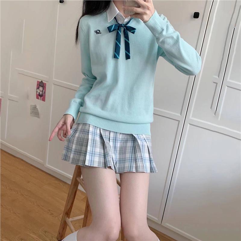 Черный свитер с длинными рукавами и V-образным вырезом с вышивкой от Jizhong College - свитер для школьной формы на осень/зиму