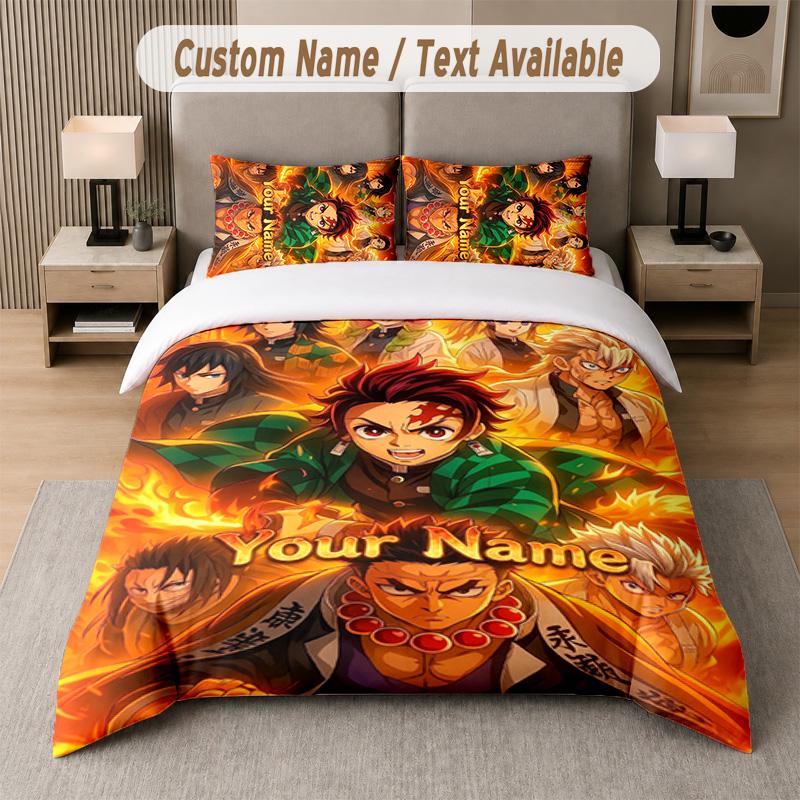 Demon Slayer 3Pcs Bedding Set, Personalized Custom Name Text, 1 Duvet Cover & 2 Pillowcases For Bedroom