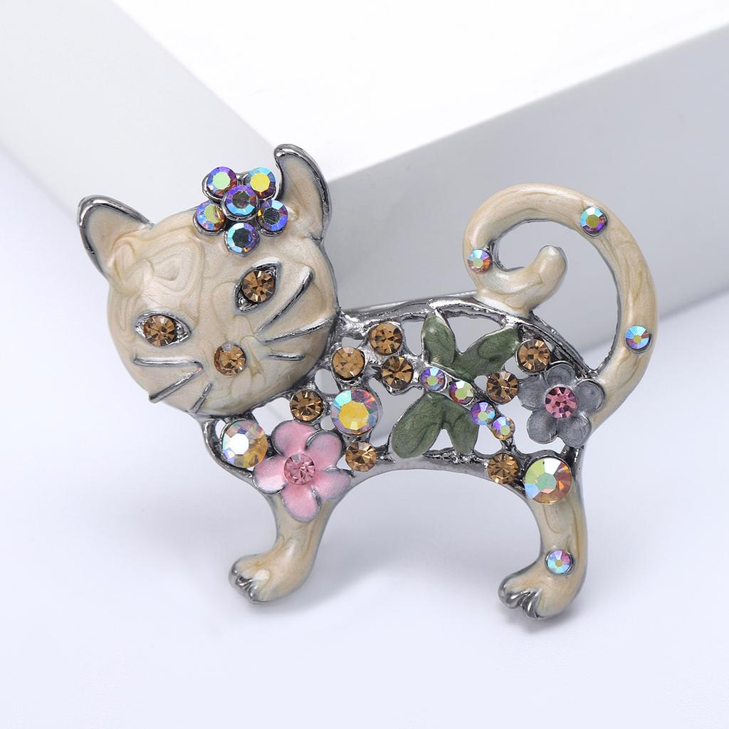 Lovely Enamel Cat Brooch Women Rhinestone Flower Animal Corsage Pins Gifts