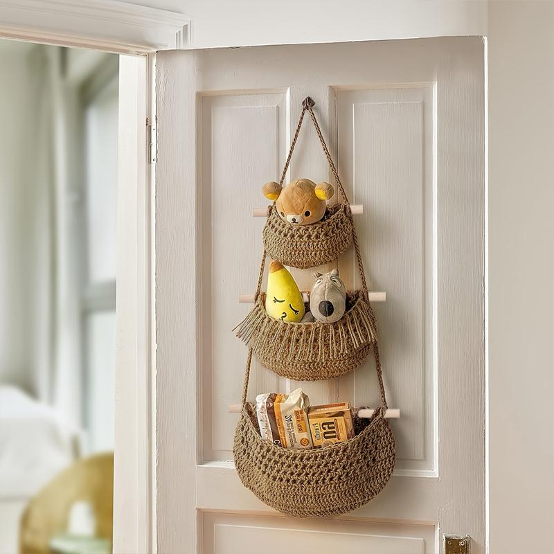 1PC Over The Door Organiser 3 Tier Hanging Organiser Wall Rope Wall Basket Wall Mounted Cotton Rope Home Decor Two Colours