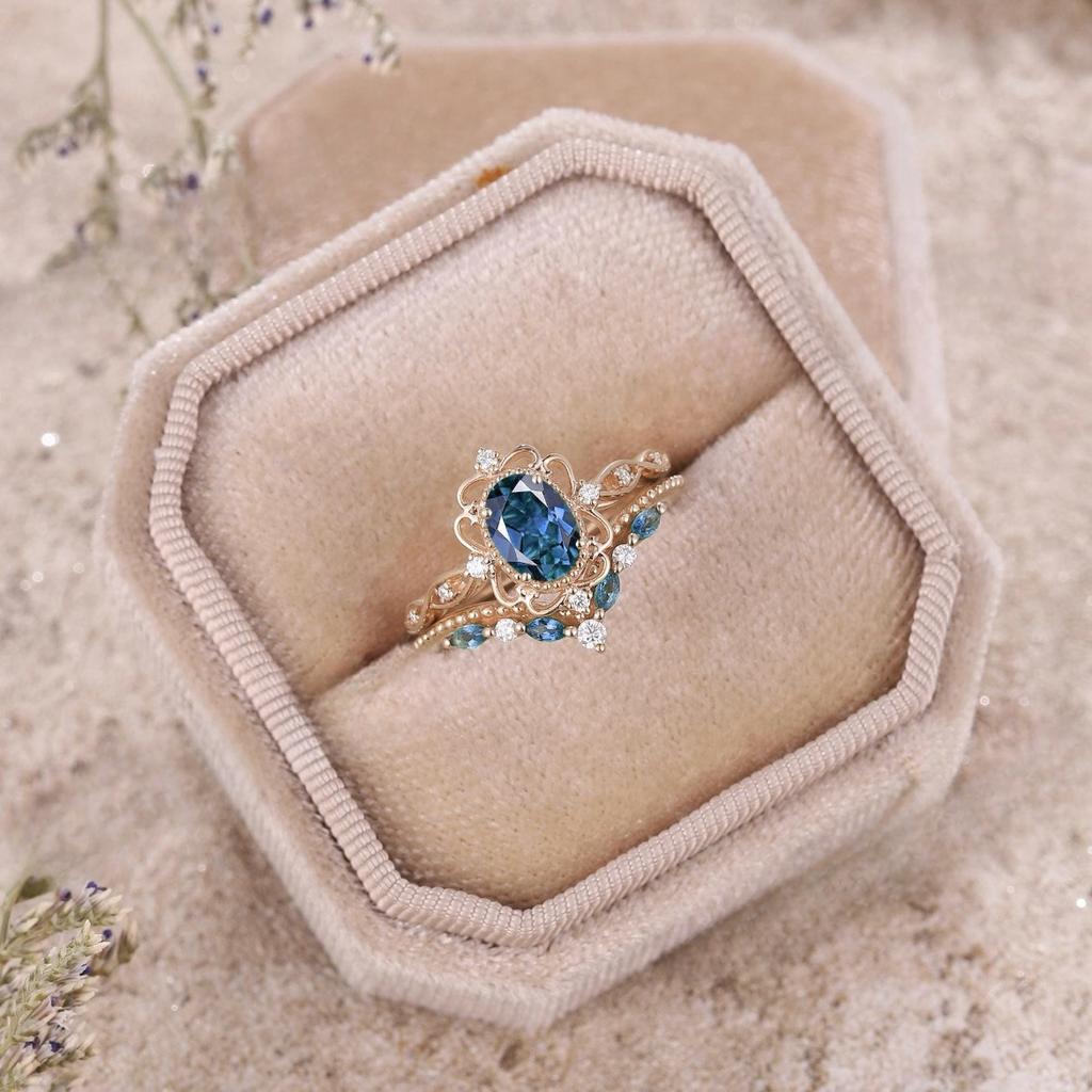 Blue zircon ring European and American style alloy rings with blue diamond accents, gold-colored matching rings for women