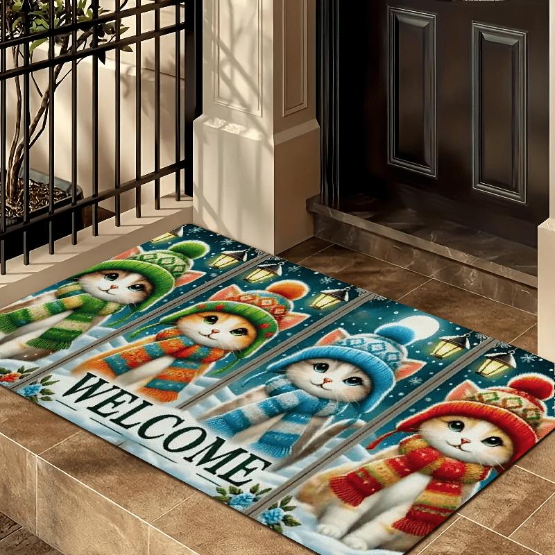 Christmas Cat Welcome Mat, Festive Flannel Absorbent Machine Washable Indoor Outdoor Rug for Multi-Room Holiday Decor
