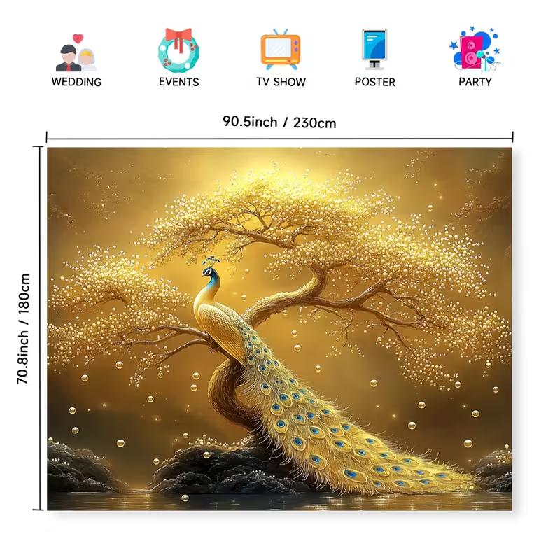 2D Elegant Gold Peacock Tapestry, Golden Bonsai Tree with Sparkling Bubbles Backdrop Cloth for Room Decor