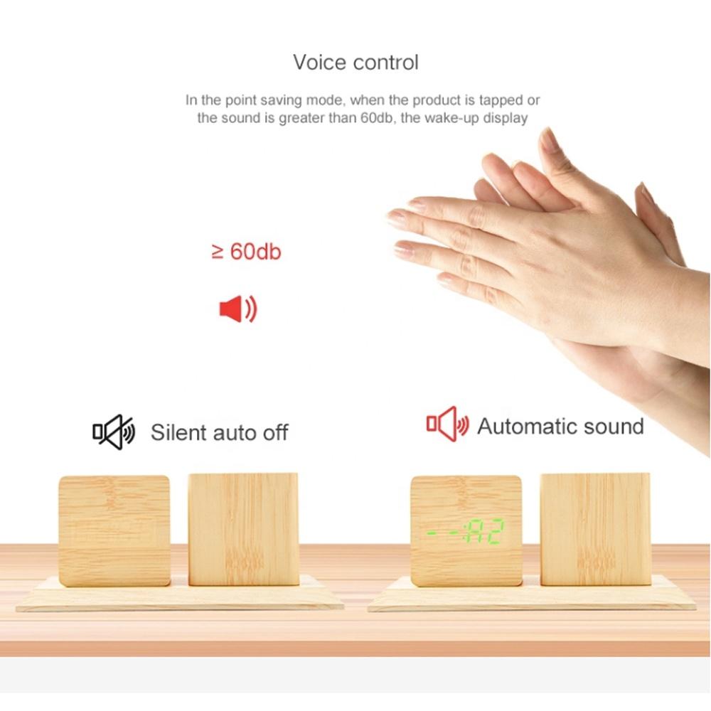 2022 Tabletop Temperature Time Display Electronic Wooden LED Digital Pixel Wireless Alarm Table Clock with Sound Control
