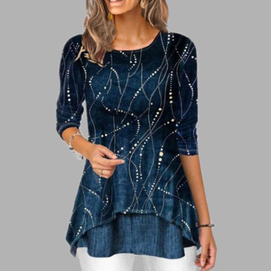 Большие размеры Модная женская рубашка с цифровым принтом 45355 с круглым вырезом и рукавом