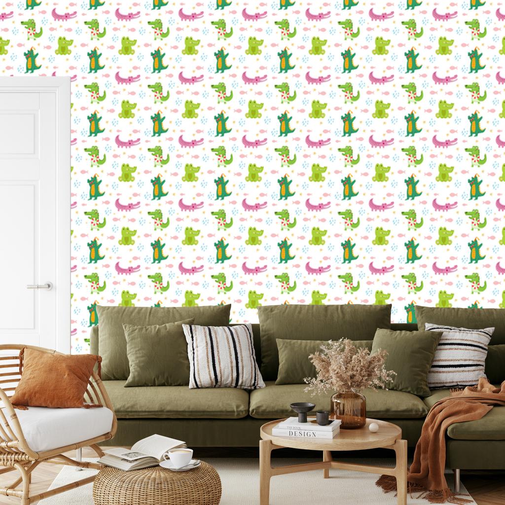 Crocodile wallpaper in white, lime and powder pink for the living room and bedroom 50x1000