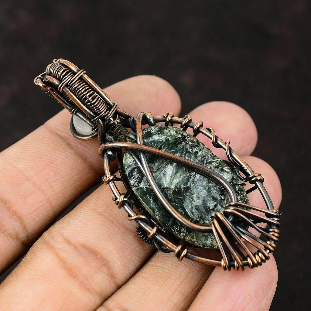 Подвеска из серафинита с медной проволокой в технике wire wrap, драгоценный камень, дизайнерские украшения, подвеска «Злой глаз» из радужного лунного камня, украшения ручной работы, подарок для него