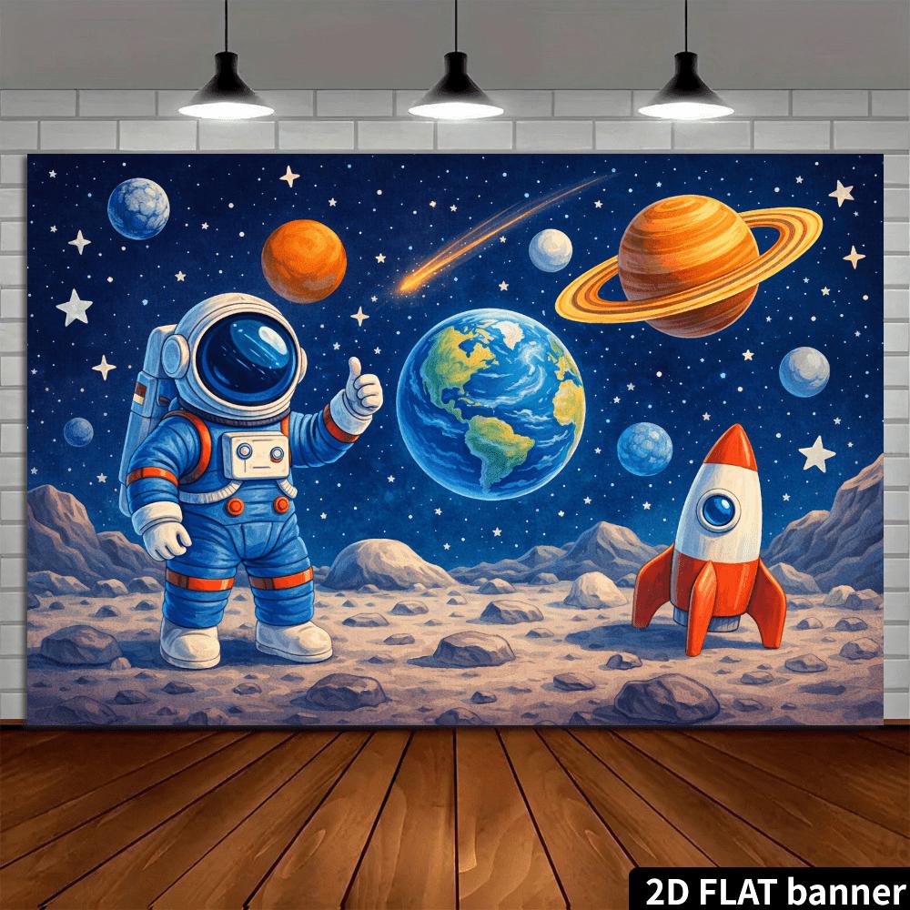 2D plane blue spacesuit astronaut background fabric. Cartoon astronaut wearing blue spacesuit giving a thumbs-up gesture.