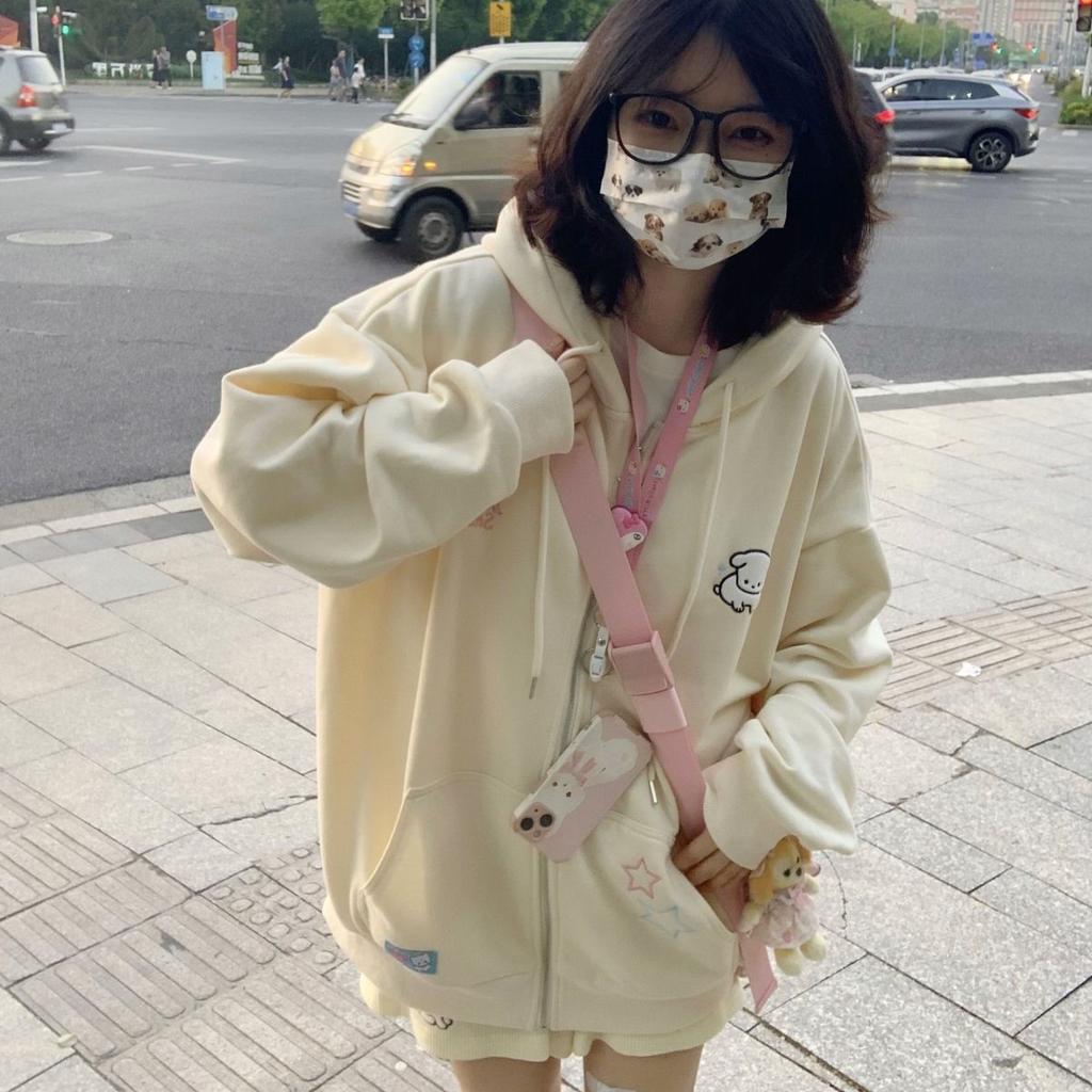 Японские кавайные толстовки на молнии для женщин, милые девушки, звезды, графика, вышивка, толстовки с капюшоном Kpop, милый повседневный женский топ