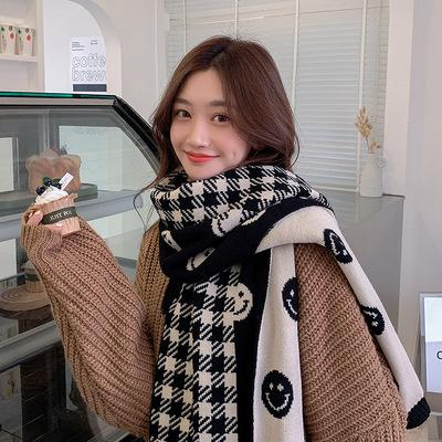 Smiley face scarf female winter cute girl Korean version versatile ins tide student knitted wool warm plaid
