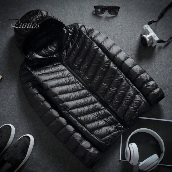 Men Cotton Jacket Hooded Long Sleeve Solid Color Down Coat with Side Pockets Full Zipper Closure Thin Quilted Winter Outwear