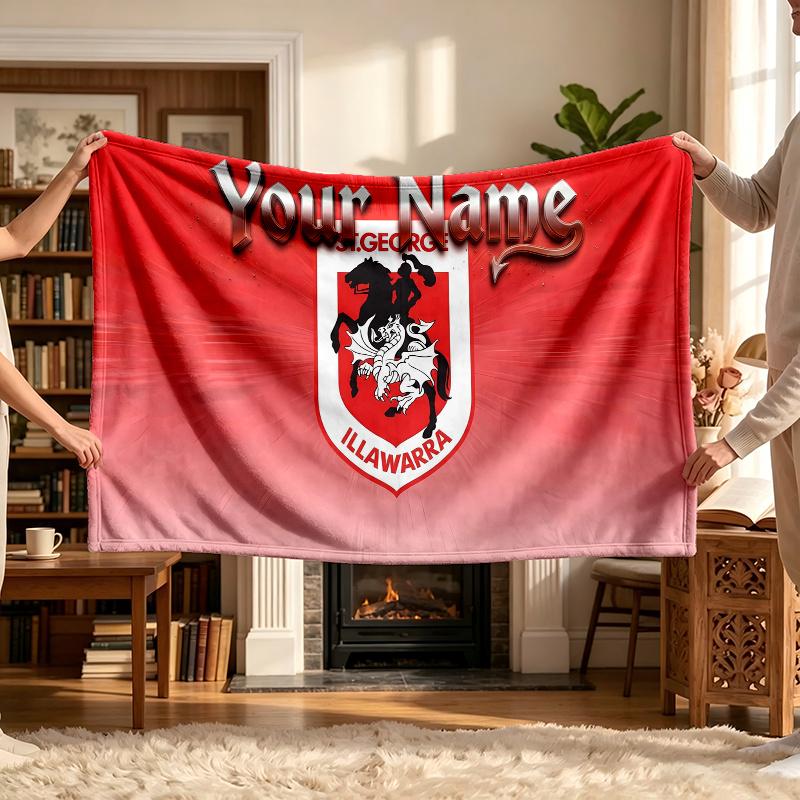 St George Illawarra Dragons (1) Personalized Name Blanket Soft Cozy Gift for Sofa Bed Couch Home Decoration
