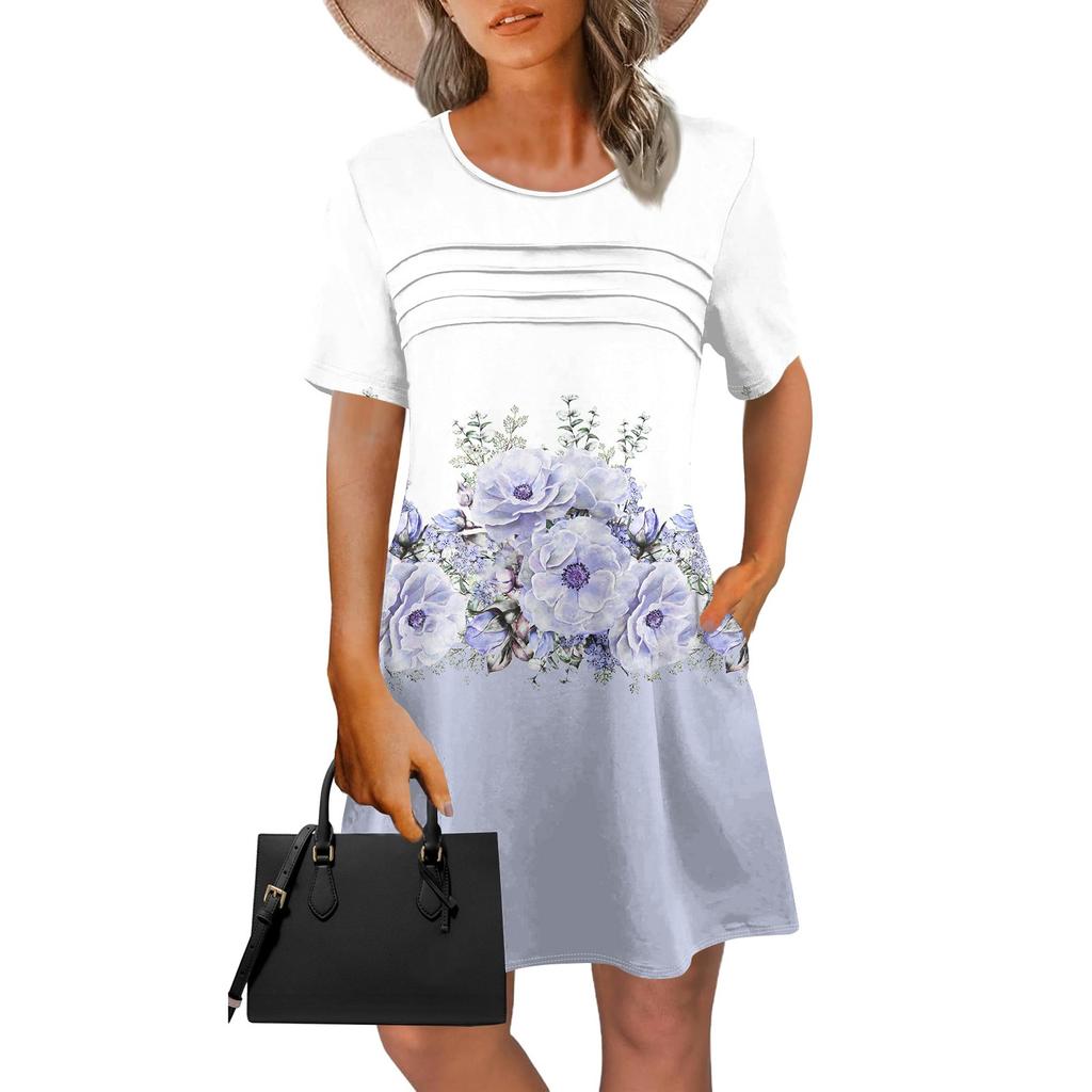 Женское летнее винтажное платье с цветочным принтом, повседневное платье с коротким рукавом и круглым карманом