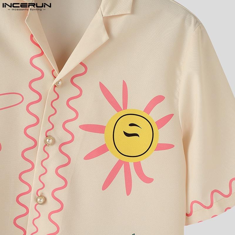 INCERUN S-XXXXXL Мужские рубашки с лацканами, с коротким рукавом, с мультяшным принтом, повседневные, свободного кроя