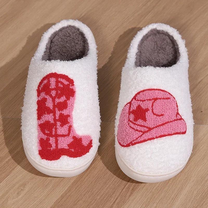 Fashion Winter Strawberry Pattern Women's Cotton Slippers Large Size Home Couple Fluffy Flip-Flops Leisure Plush Warm Flat Sole Slippers