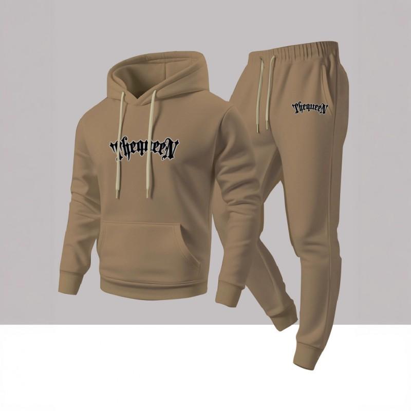 Mens Casual Hooded Sweatshirt Jogger Pants Set Fleece-Lined Letter Print Two-Piece Outfit Fall