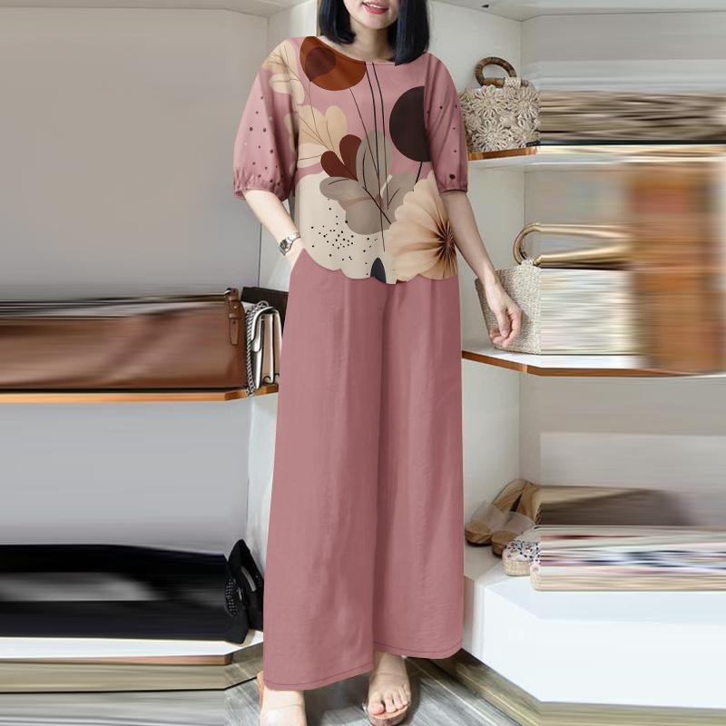 ZANZEA Женские повседневные комплекты из блузки и брюк с принтом из двух предметов