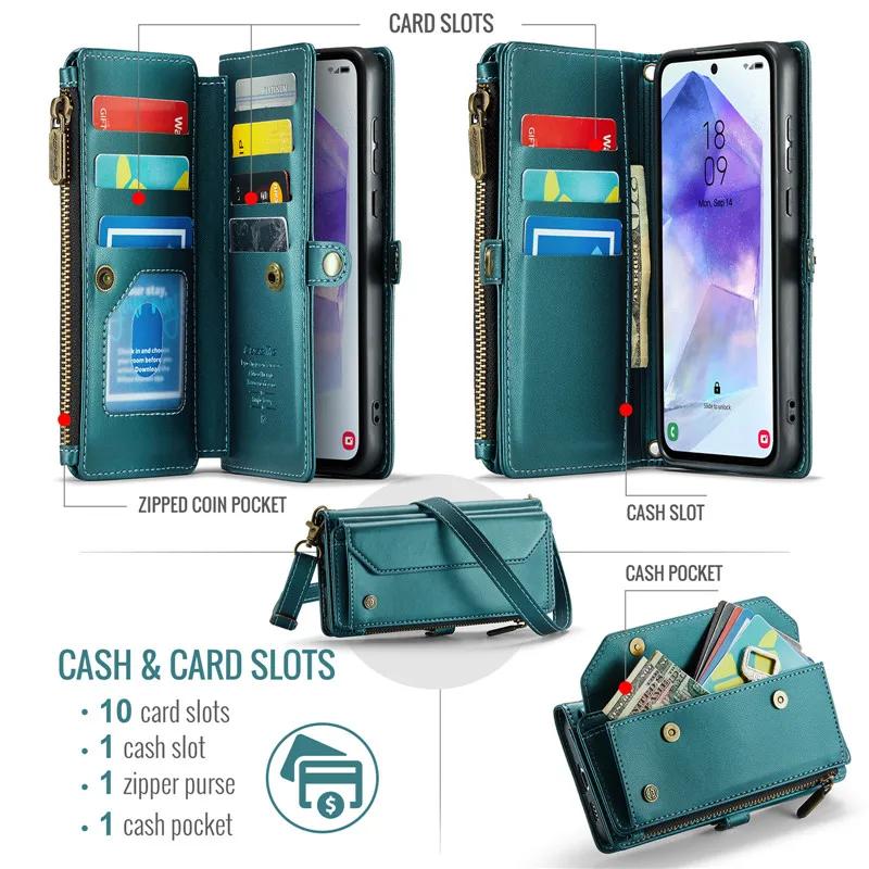 Lanyard Leather Zip Wallet Card Phone Case For Samsung Galaxy A18 A17 A37 A57 A56 A36 A16 A55 A35 A15 A54 A34 A14 A53 A13 Cover
