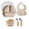Ange Smile Silicone Tableware Meal Suction Baby Spoon Meal Beige Set, 6-Piece Set, Plate, Bowl, Non-Tipping, Cup, Tableware, & Fork, Apron,