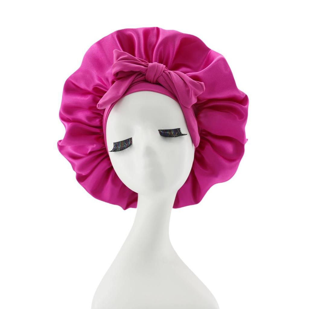 Silk Satin Sleep Cap with Ribbon Bow for Women - Elastic Wide Brim Bath Headscarf Hat for Hair Care