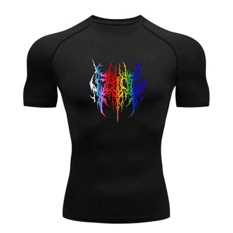 Men's Quick Dry Compression Fitness T-Shirt, Rainbow Gradient Brutal Thorn Pattern Athletic Breathable Stretchy Workout Top for Gym Running Training S