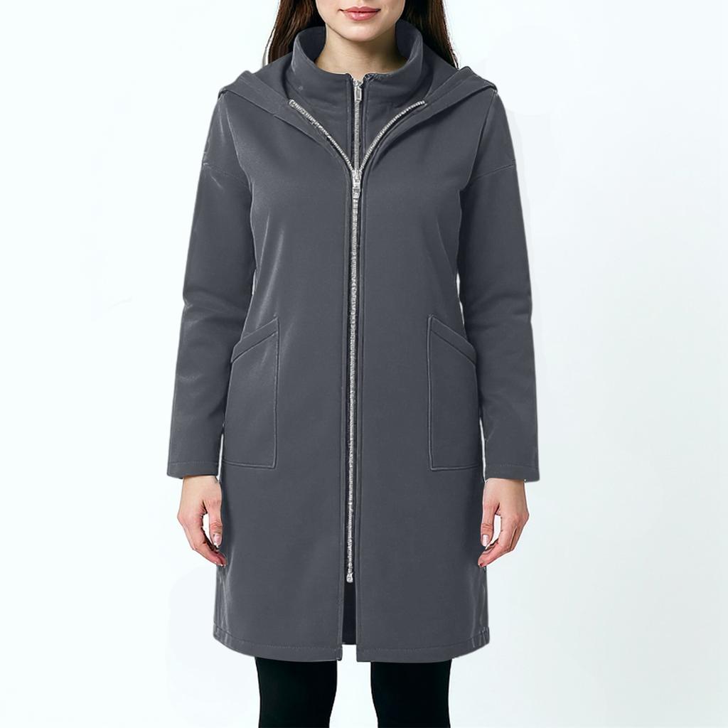 Women's Fashion Casual Solid Color Hooded Pocket Long Sweatshirt With Zipper, Mid-Length Fake Two-Piece Loose Coat