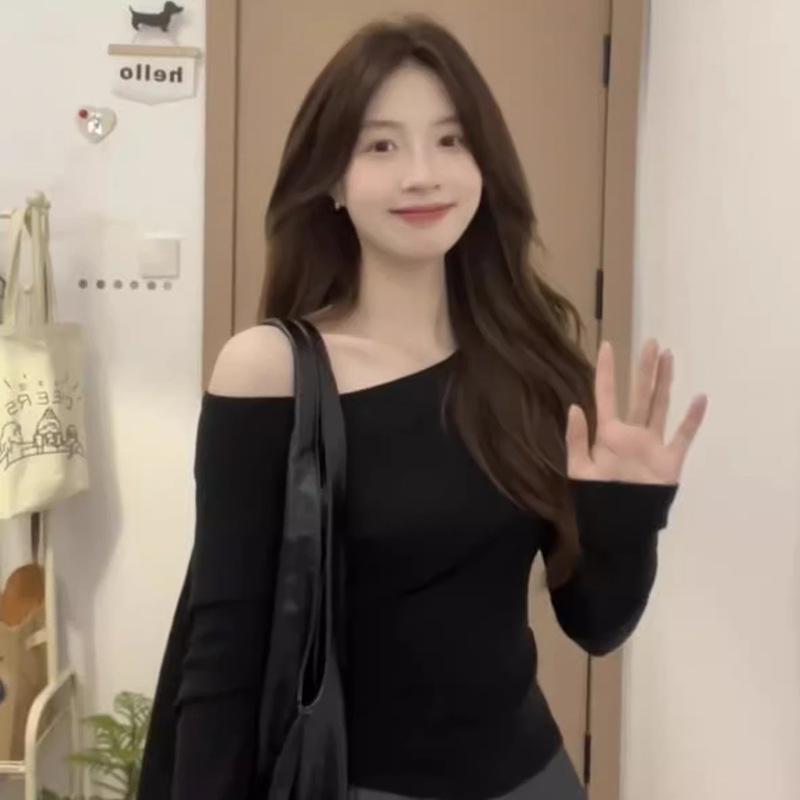 Новый шикарный асимметричный топ с открытым плечом из модала с длинным рукавом - Весна и Осень