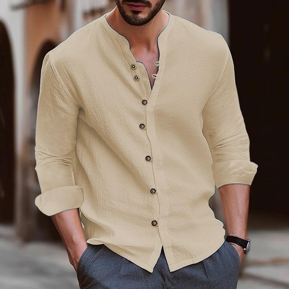 Men's Solid Color Cotton Linen Casual Button Long Sleeved Shirt