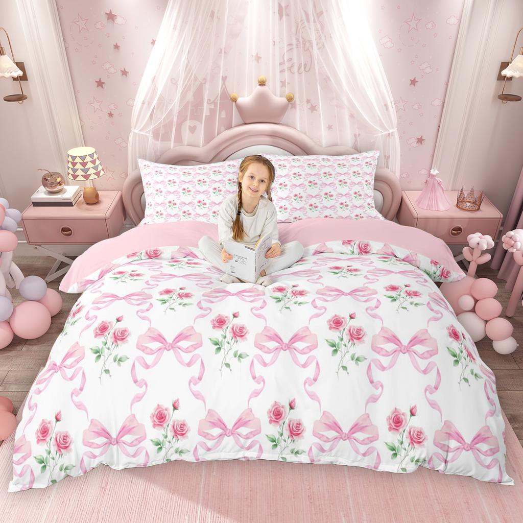 Kawaii Набор Пододеяльников для Девочек Homewish Розовый Синий Фиолетовый с Бантиком Комплект Постельного Белья Шикарный Цветочный Комплект Пододеяльника