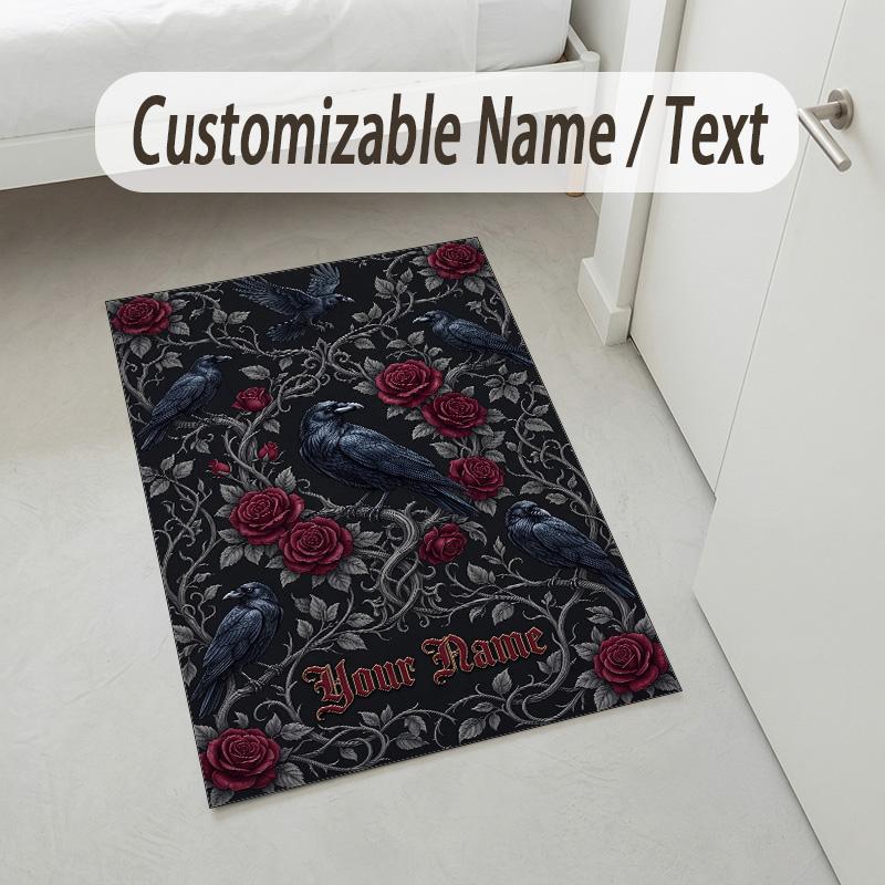 Floral Garden Theme Crystal Velvet Rug Personalized Custom Name Text Soft Floor Mat Home Decor