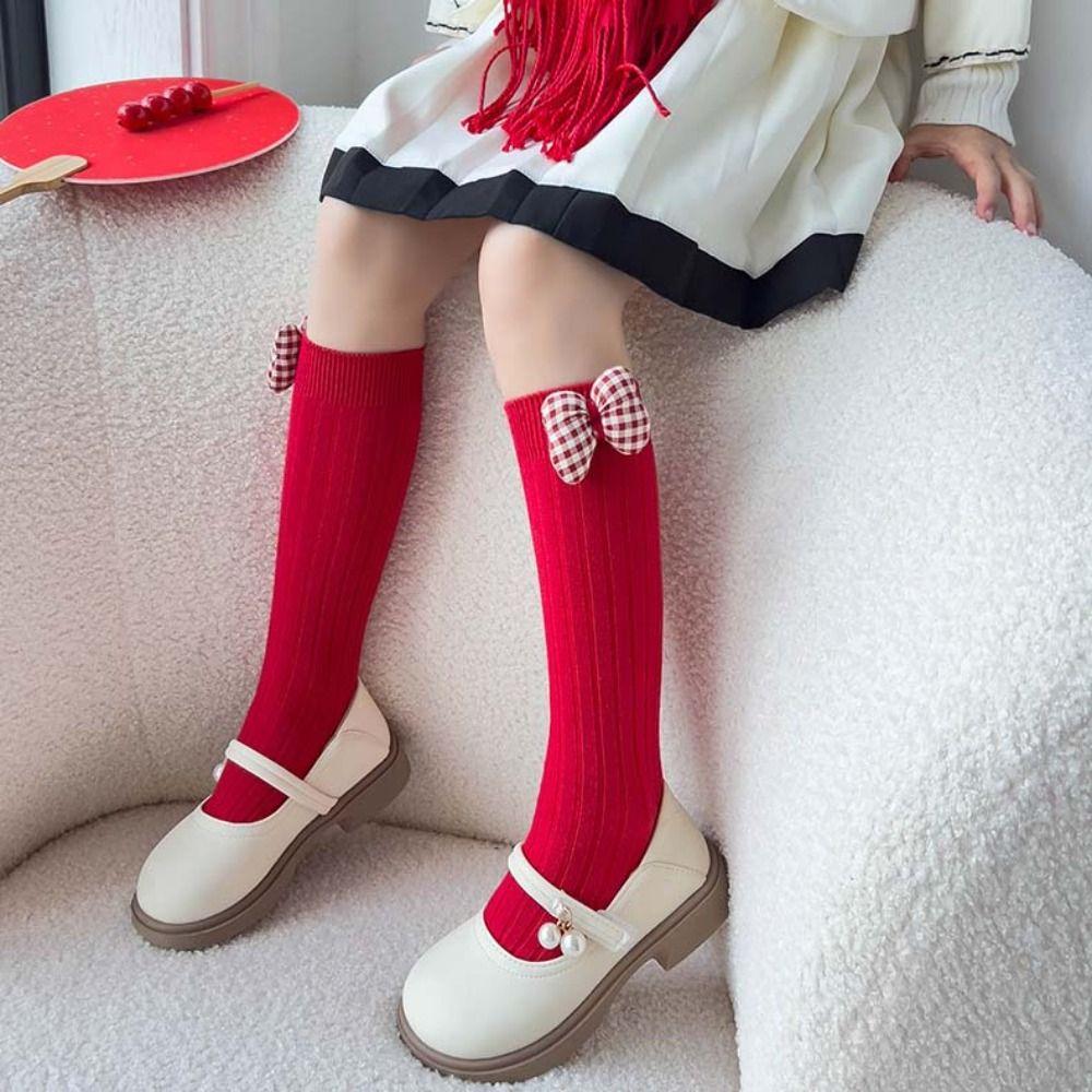 Thicken Bow Hosiery for Kids Cotton Sleeping Socks Casual New Year Red Socks Home Socks