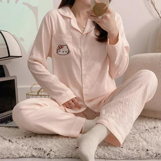 Пижамный комплект из хлопка «Облако» для женщин: Кардиган свободного кроя с длинным рукавом и милыми лацканами в студенческом стиле на весну и осень