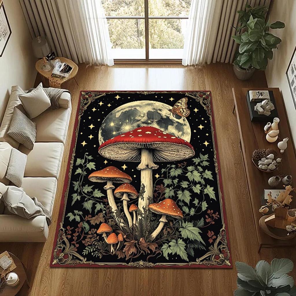 Mystical Mushroom Rug,Full Moon Forest Carpet, Gothic Nature Decor with Butterfly & Red Toadstools, Fairycore Living Room Mat