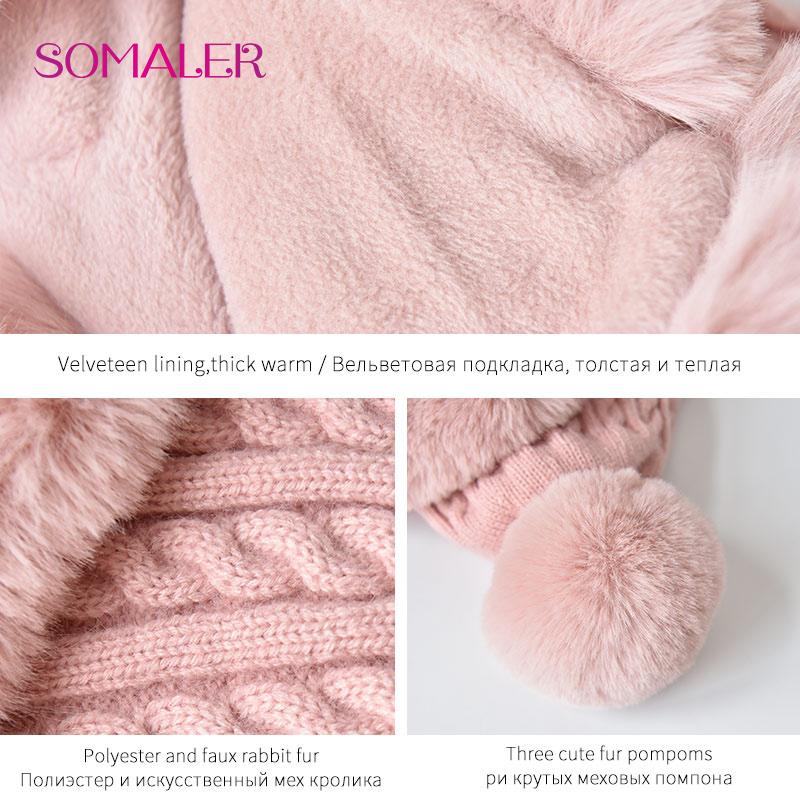 SOMALER Женская шапка-бомбер, шарф, комплект для зимы, шапка из искусственного кроличьего меха, шапочка с наушниками на подкладке для девочек