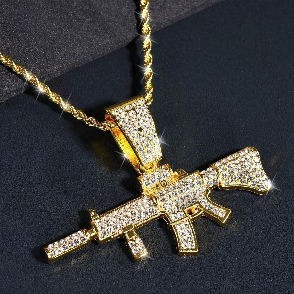 Модная хип-хоп подвеска-ожерелье в виде автомата АК-47 для мужчин, с кристаллами, кубинская цепь, ожерелье с бриллиантовой огранкой, панк-рок, байкерская бижутерия