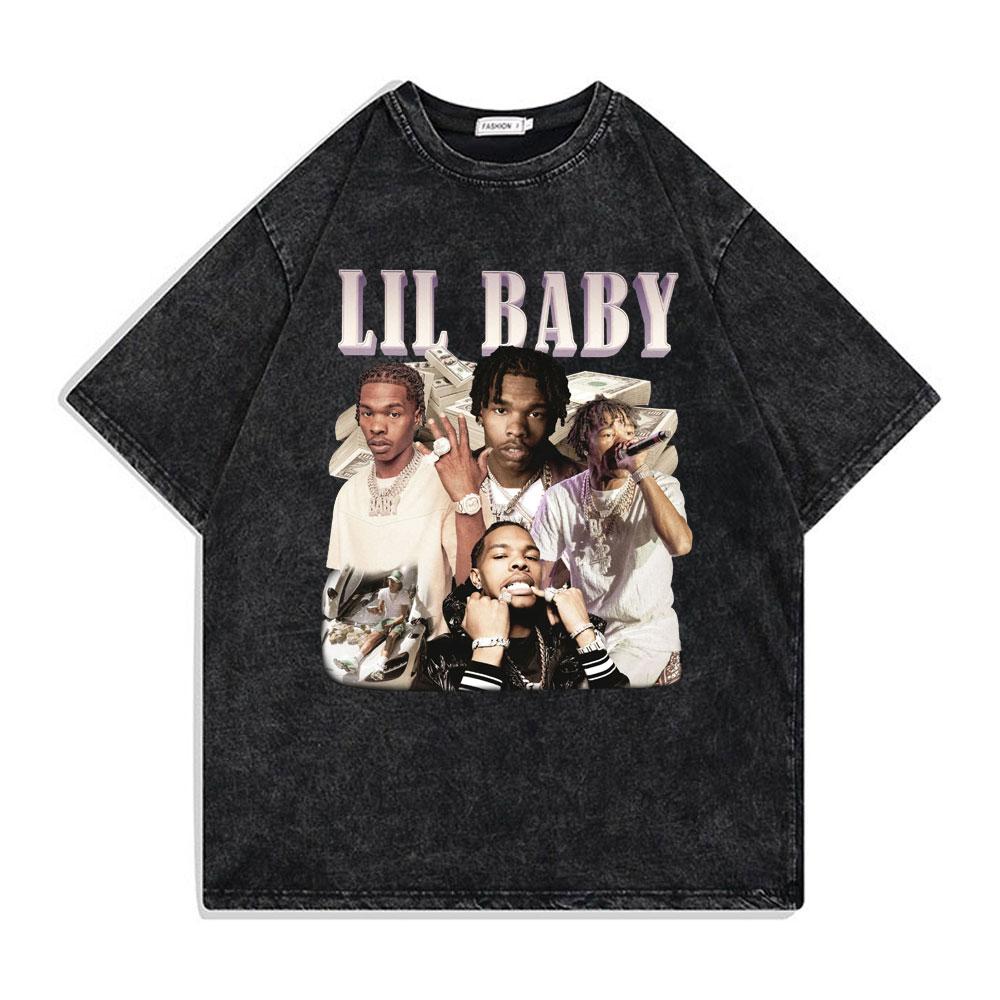 Хип-хоп Рэпер Стирка Винтаж Черный Lil Baby Футболка Унисекс Мода Оверсайз Футболка с коротким рукавом Обычная Мужская Футболка Унисекс Уличная одежда