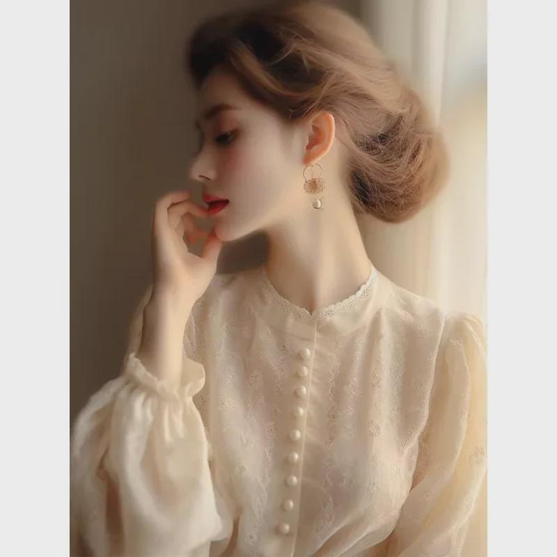 "zZZ2024 Французская кружевная блузка с длинными рукавами для женщин цвета абрикоса"