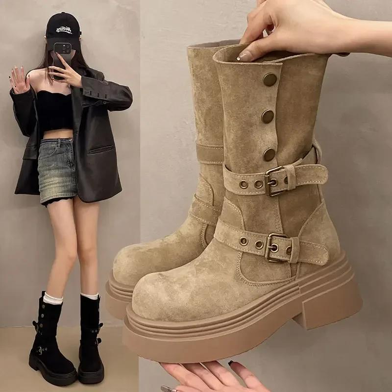 Women's Long Boots Fashion Platform Height Increasing Outdoor Knight Boots 2025 Spring Autumn New Retro Belt Buckle Women Shoes