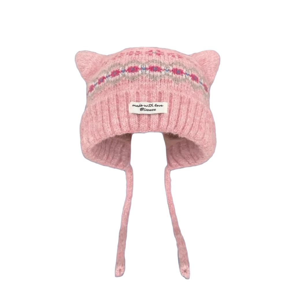Cat Ear Strap Beanie Hat Windproof Winter Pullover Hat Casual Knitted Woolen Cap for Women Girls