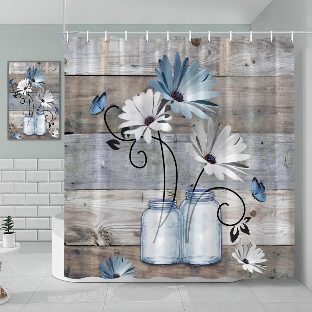 Watercolor Floral Shower Curtain Wooden Butterfly Daisy Rustic Blue Flower Farmhouse Wooden Vintage Farm Bathroom Decoration