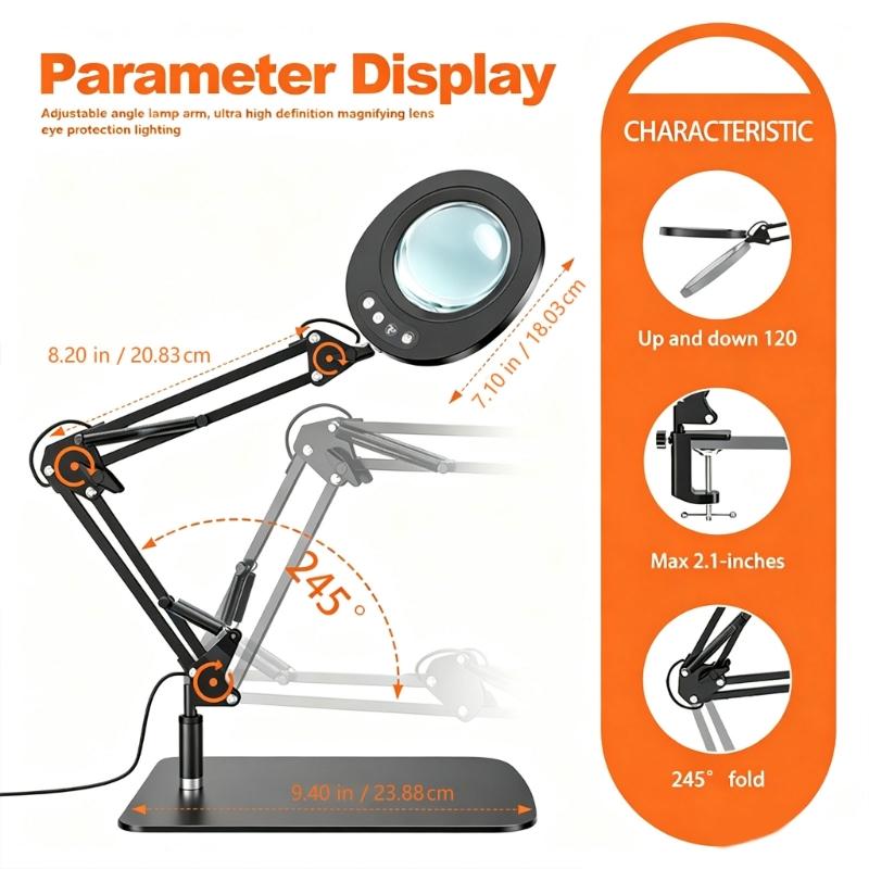 LED Desk Lens Lamp with Adjustable Arm and 110 mm Viewing Area, USB Input Reading Aid for Small Print, Crafts and Careful Table Work