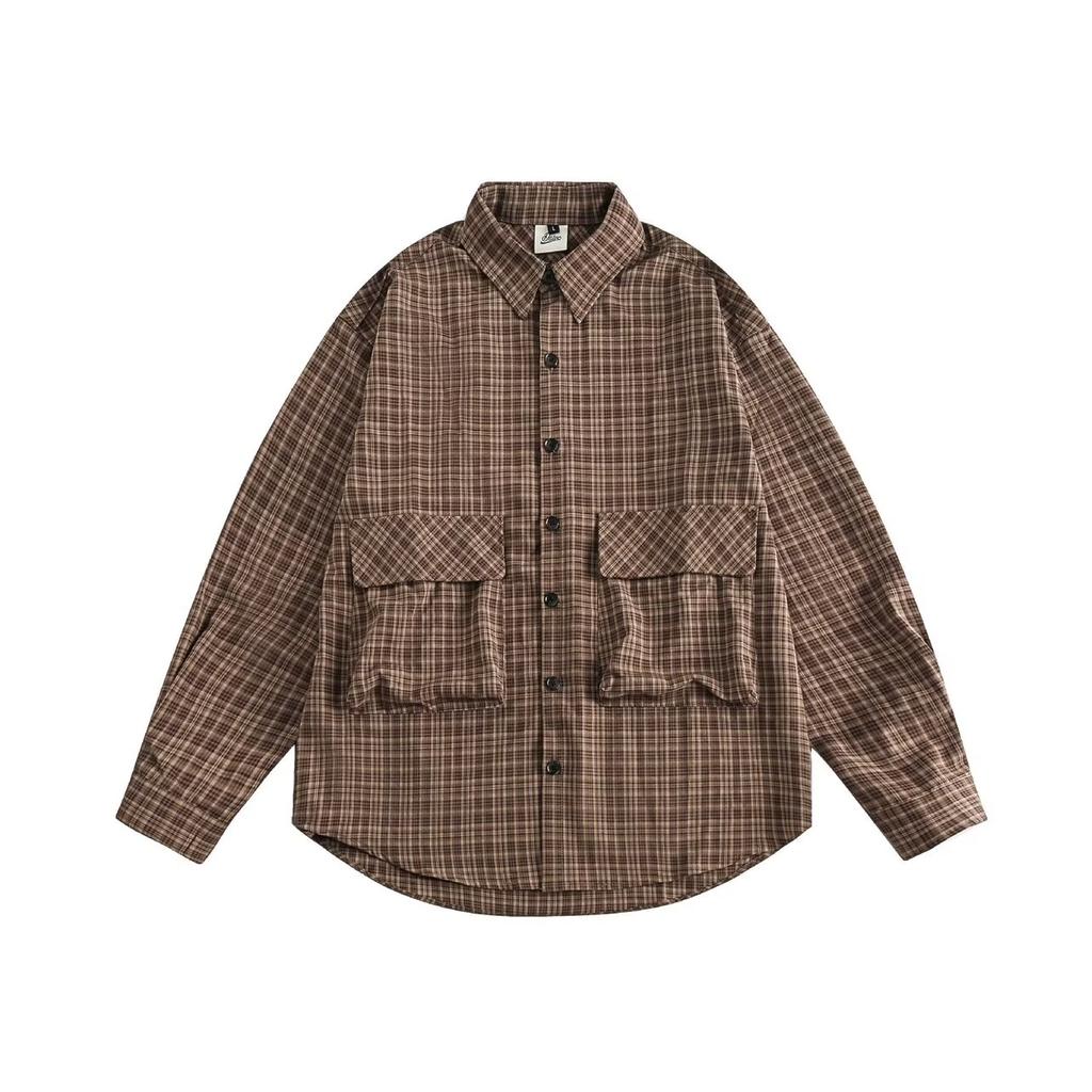 Japanese-Style Retro Large Pocket Plaid Long-Sleeved Shirt Men and Women Vintage Multi-Pocket Couple Contrast Color Shirt Coat