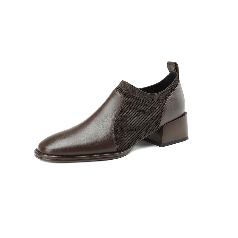 2024 New Genuine Leather Top Quality Sheepskin Shoes Woman Spring Slip On Dress Black Round Toe Ladies Loafers High Heel Shoes