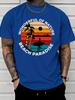 Unisex Blue Tee Retro Palm Surfer Beach Sunset Circle Graphic Print Short Sleeve Loose Casual Basic Top For Adult Male Daily Wear