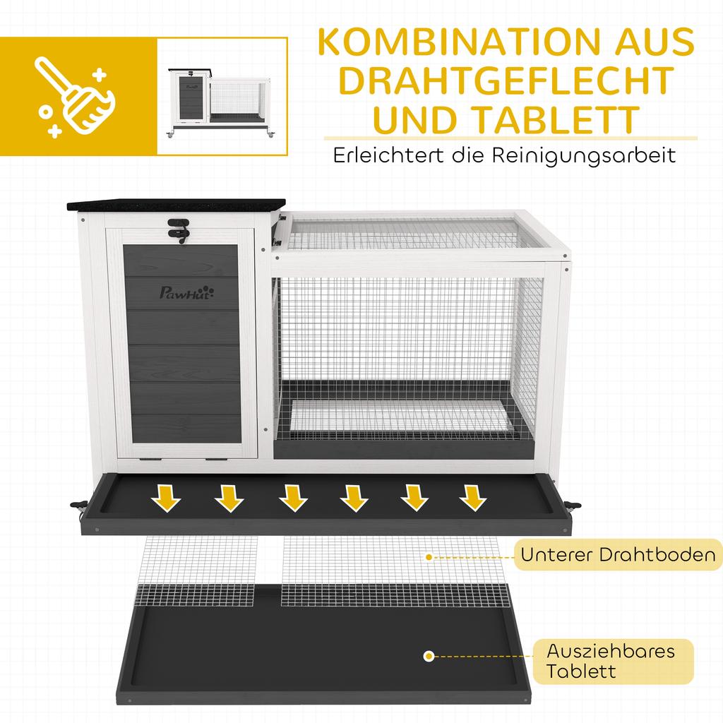 Wooden rabbit hutch with run, wheels, hinged roof, for indoor and outdoor use, 92 x 52 x 67 cm, dark grey