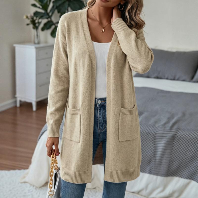 Women S Solid Color Long Sleeve Knit Cardigan Loose Fit With Pockets Long Length Casual